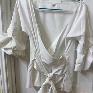 Angvns White Tie-Front Puff Sleeve Top M 0010